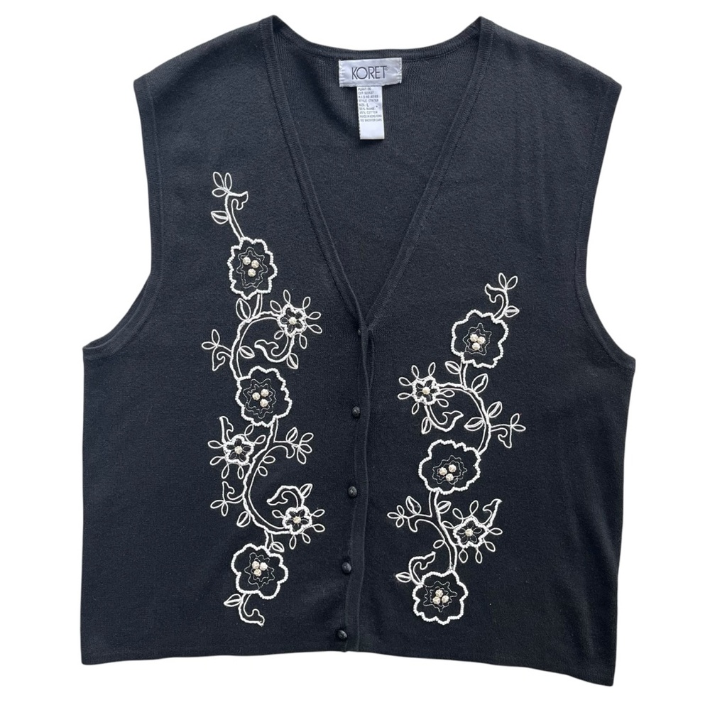Koret Womens L Black White Floral Embroider Pearl Bead Vintage Knit Sweater Vest